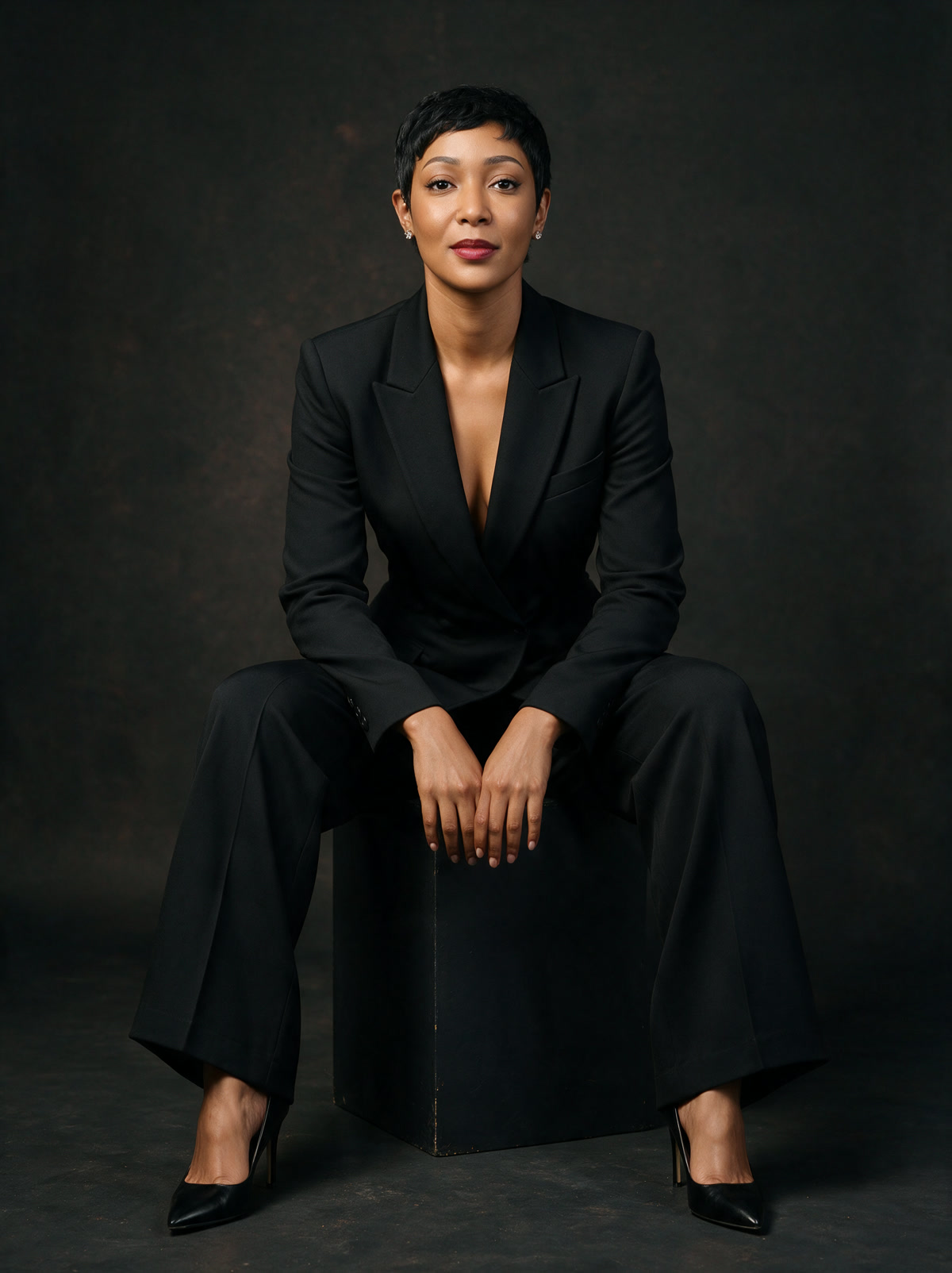 Yolanda Robert seated on a black studio cube in a black trouser suit, looking directly at the camera