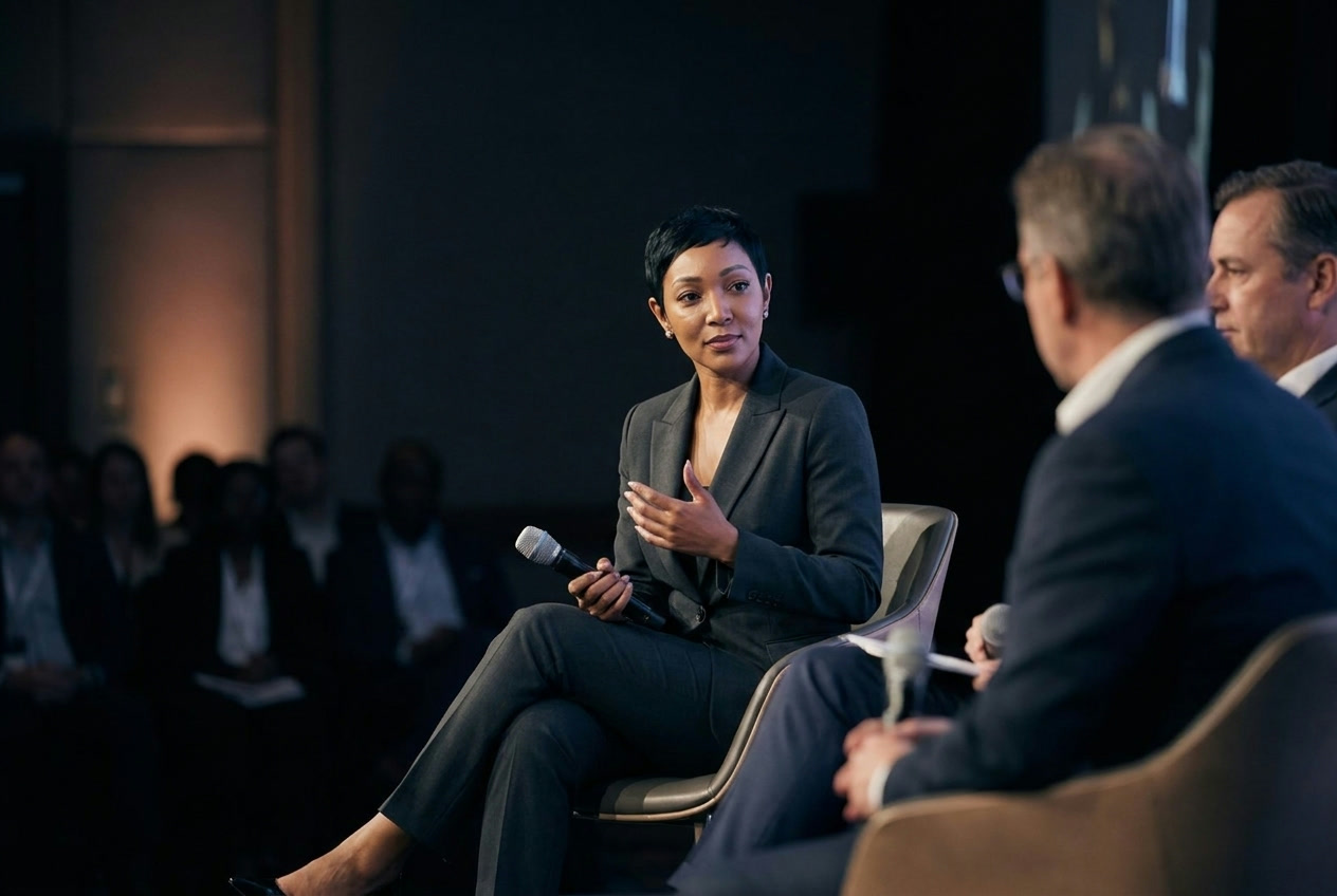 Yolanda Robert moderating a high-level panel conversation on a dark conference stage — service illustration