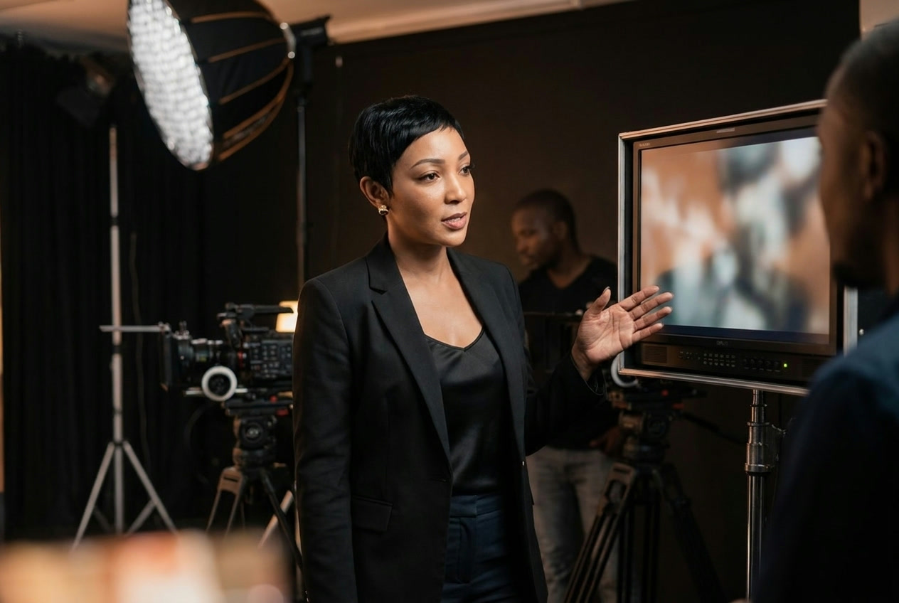 Yolanda Robert reviewing footage beside a production monitor in a dark studio — service illustration